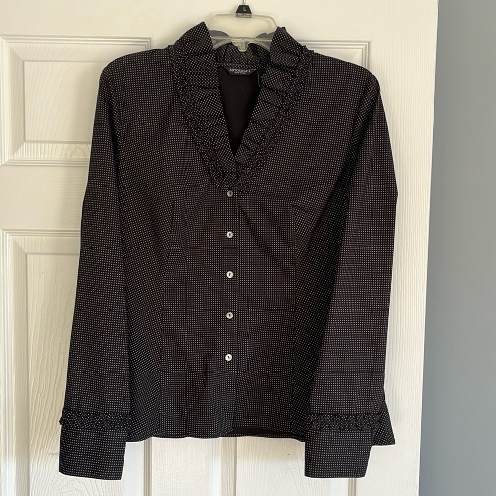 Navy blue button down polka dot top